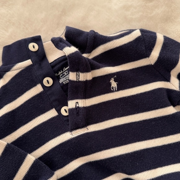 Ralph Lauren baby navy blue and white stripe cotton polo collared sweater 6 mos - Picture 2 of 5